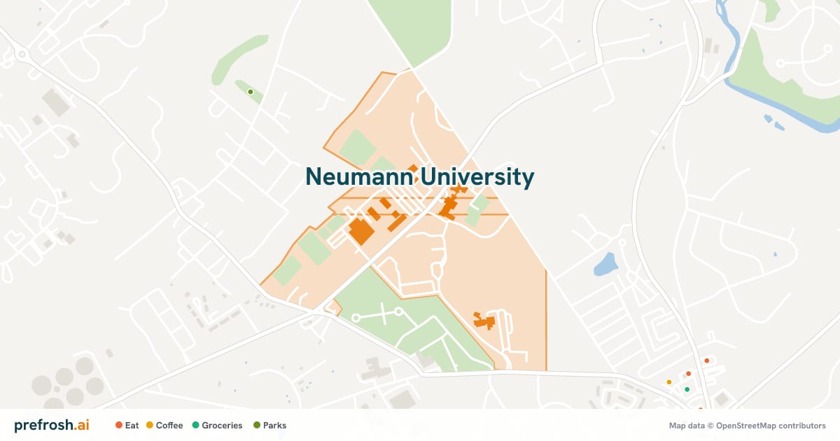 Campus map of Neumann University in Aston, PA, with nearby restaurants, coffee and shops