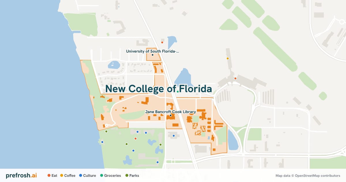 Campus map of New College of Florida in Sarasota, FL, showing Jane Bancroft Cook Library and University of South Florida--Sarasota Manatee, with nearby restaurants, coffee and shops