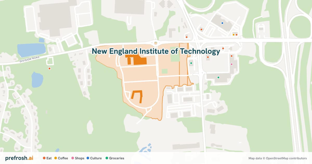 Campus map of New England Institute of Technology in East Greenwich, RI, with nearby restaurants, coffee and shops