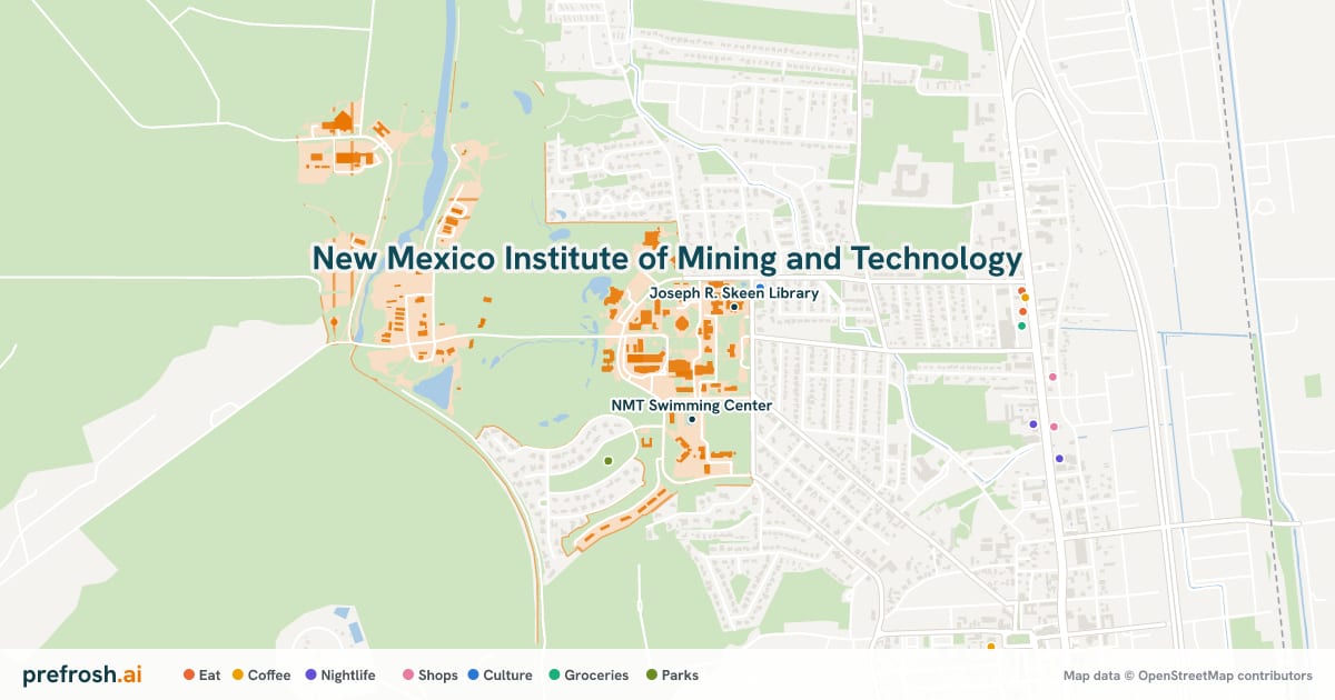 Campus map of New Mexico Institute of Mining and Technology in Socorro, NM, showing NMT Swimming Center and Jean Macey Music Annex, with nearby restaurants, coffee and shops