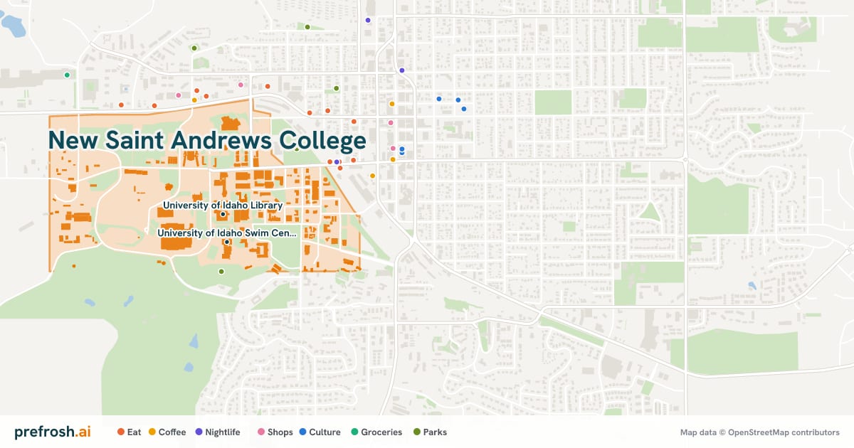 Campus map of New Saint Andrews College in Moscow, ID, showing University of Idaho Library and University of Idaho Swim Center, with nearby restaurants, coffee and shops