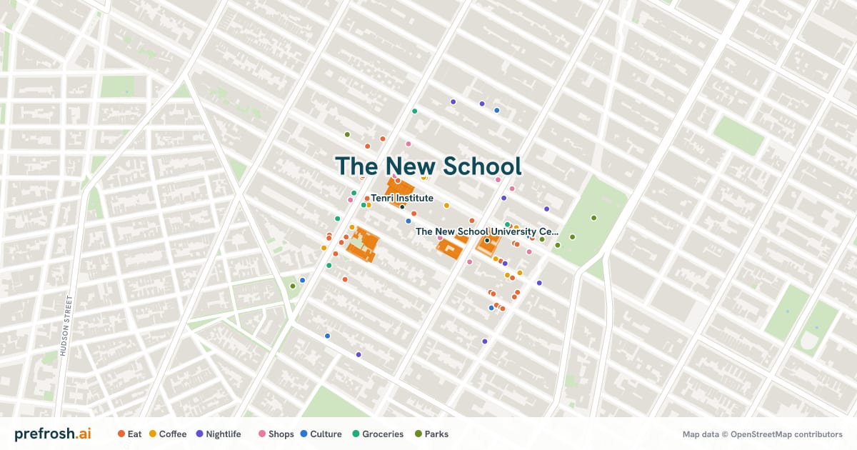 Campus map of The New School in New York, NY, showing Tenri Institute and The New School Arnold Hall, with nearby restaurants, coffee and shops