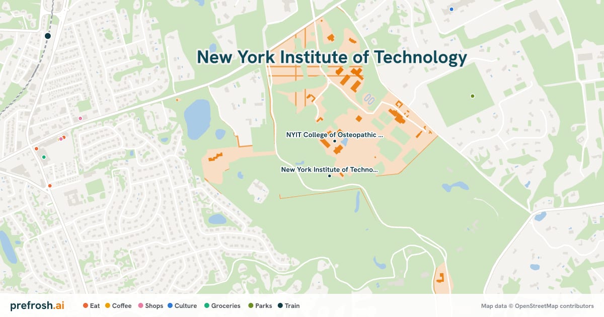 Campus map of New York Institute of Technology in Old Westbury, NY, showing NYIT College of Osteopathic Medicine and New York Institute of Technology – Old Westbury Campus, with nearby restaurants, coffee and shops