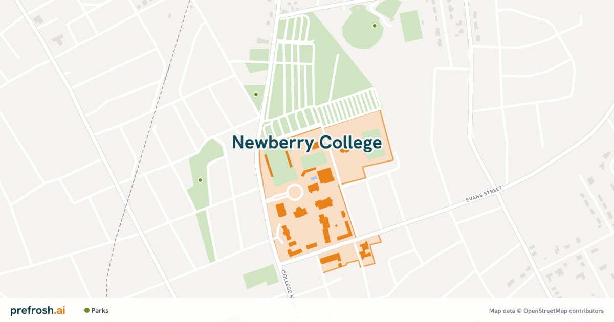Campus map of Newberry College in Newberry, SC, showing Setzler Field and Newberry College Tennis Courts, with nearby restaurants, coffee and shops