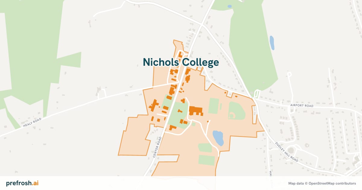 Campus map of Nichols College in Dudley, MA, showing Conant Library, with nearby restaurants, coffee and shops