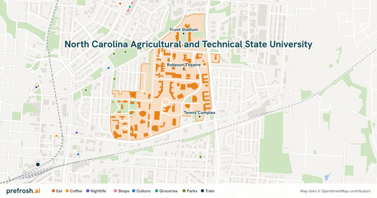 Campus map of North Carolina Agricultural and Technical State University in Greensboro, NC, showing Robeson Theatre, Lady Aggies Softball Complex and Truist Stadium, with nearby restaurants, coffee and shops