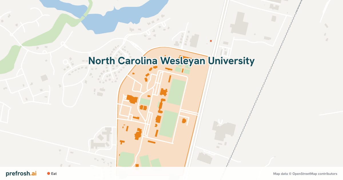 Campus map of North Carolina Wesleyan University in Rocky Mount, NC, showing The Indoor Sports & Education Facility, with nearby restaurants, coffee and shops