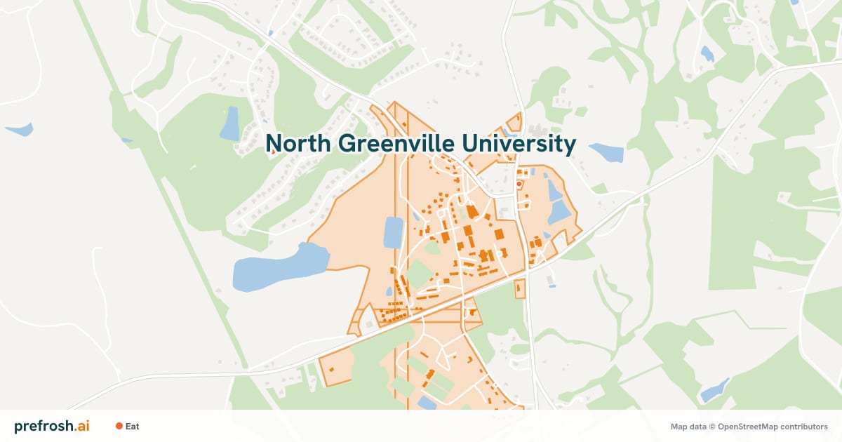 Campus map of North Greenville University in Tigerville, SC, with nearby restaurants, coffee and shops