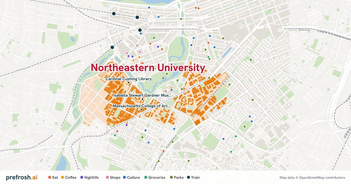 Campus map of Northeastern University in Boston, MA, showing Isabella Stewart Gardner Museum, Simmons University and Massachusetts College of Art and Design, with nearby restaurants, coffee and shops