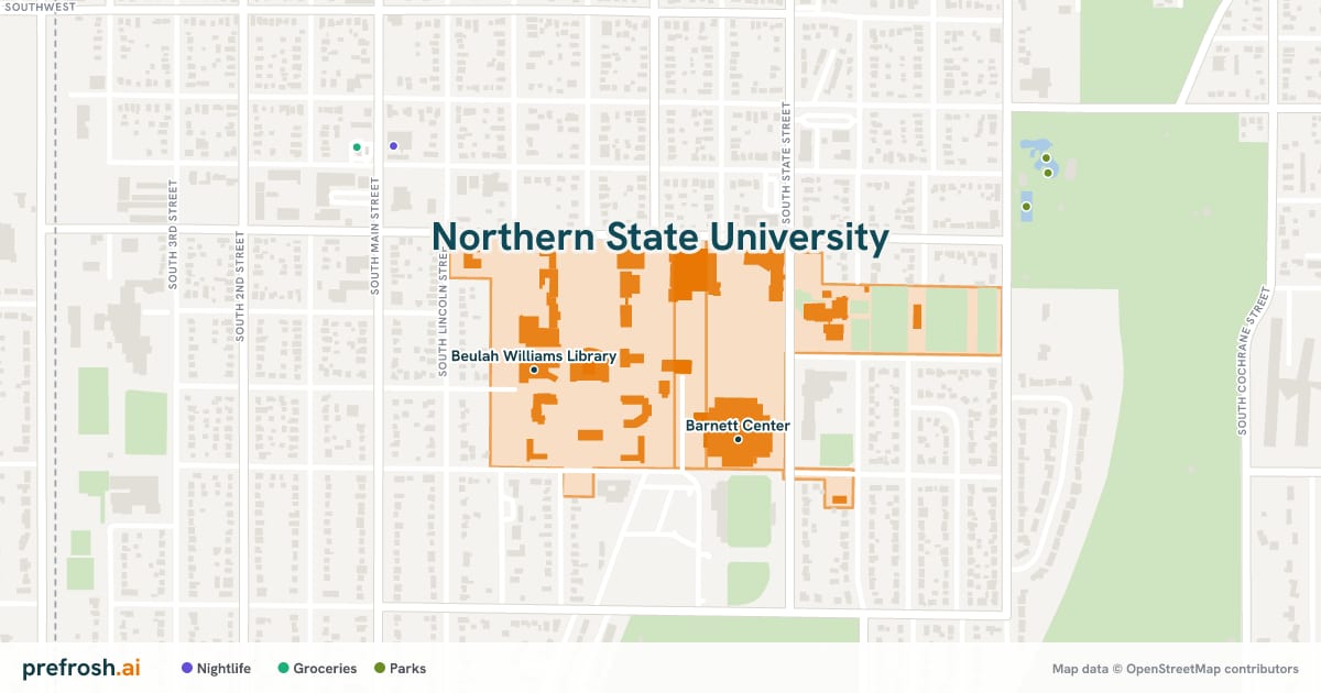 Campus map of Northern State University in Aberdeen, SD, showing Johnson Fine Arts Center and Jewett Theater, with nearby restaurants, coffee and shops