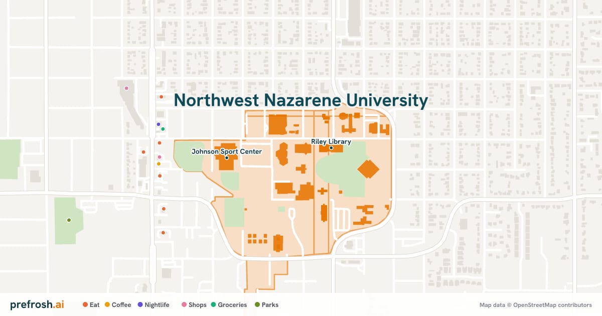 Campus map of Northwest Nazarene University in Nampa, ID, showing Riley Library and Little Theatre, with nearby restaurants, coffee and shops
