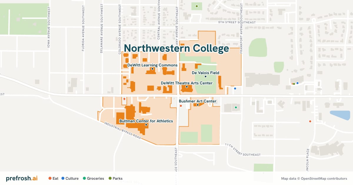Campus map of Northwestern College in Orange City, IA, showing DeWitt Theatre Arts Center, Bushmer Art Center, De Valois Field and DeWitt Learning Commons, with nearby restaurants, coffee and shops