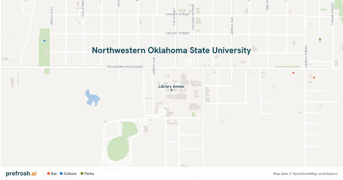 Campus map of Northwestern Oklahoma State University in Alva, OK, showing Library Annex, with nearby restaurants, coffee and shops