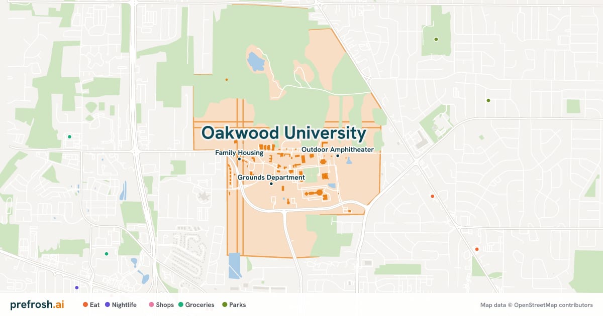 Campus map of Oakwood University in Huntsville, AL, showing Grounds Department, Family Housing and Outdoor Amphitheater, with nearby restaurants, coffee and shops