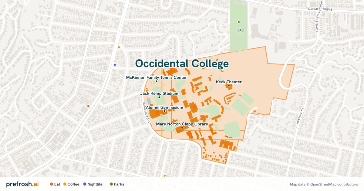 Campus map of Occidental College in Los Angeles, CA, showing Jack Kemp Stadium, Alumni Gymnasium, McKinnon Family Tennis Center and Mary Norton Clapp Library, with nearby restaurants, coffee and shops