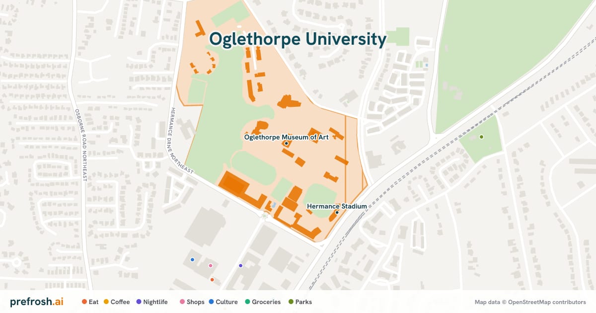 Campus map of Oglethorpe University in Brookhaven, GA, showing Oglethorpe Museum of Art and Hermance Stadium, with nearby restaurants, coffee and shops