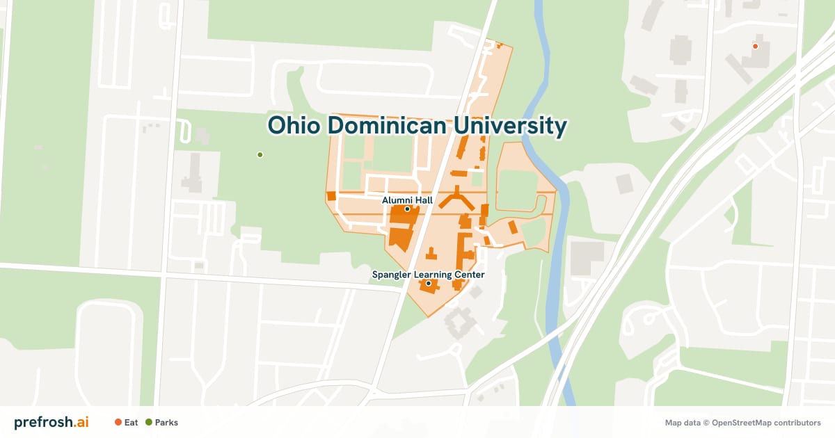 Campus map of Ohio Dominican University in Columbus, OH, showing Alumni Hall and Spangler Learning Center, with nearby restaurants, coffee and shops