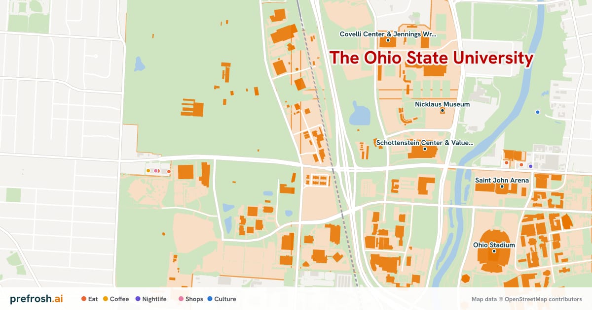 Campus map of The Ohio State University in Columbus, OH, showing Schottenstein Center & Value City Arena, Nicklaus Museum, Bill Davis Stadium and Bill Davis Baseball Stadium, with nearby restaurants, coffee and shops