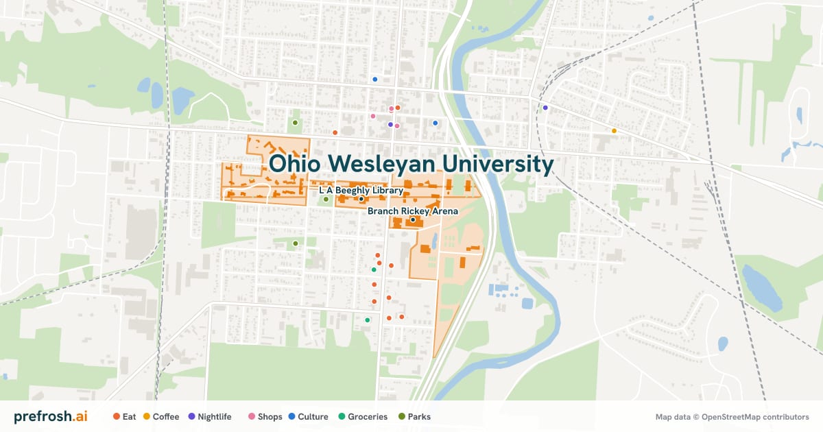 Campus map of Ohio Wesleyan University in Delaware, OH, showing Branch Rickey Arena and Edwards Gym, with nearby restaurants, coffee and shops