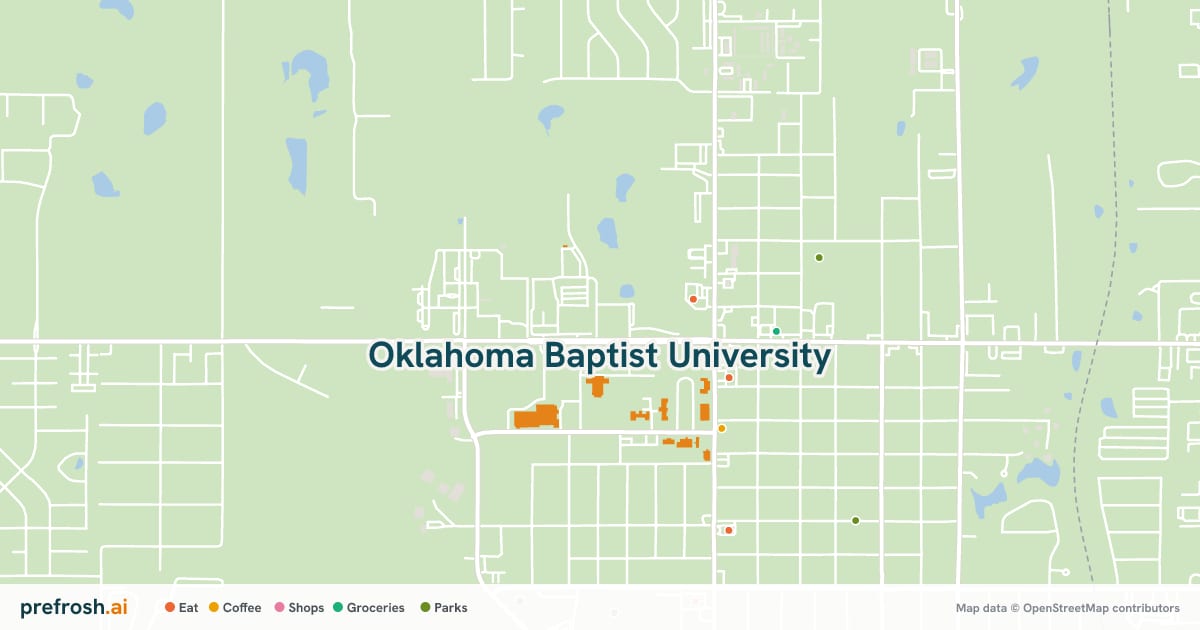 Campus map of Oklahoma Baptist University in Shawnee, OK, showing Potter Auditorium, with nearby restaurants, coffee and shops