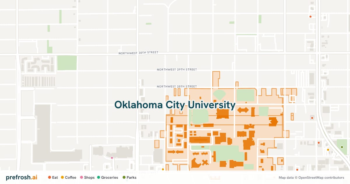 Campus map of Oklahoma City University in Oklahoma City, OK, with nearby restaurants, coffee and shops