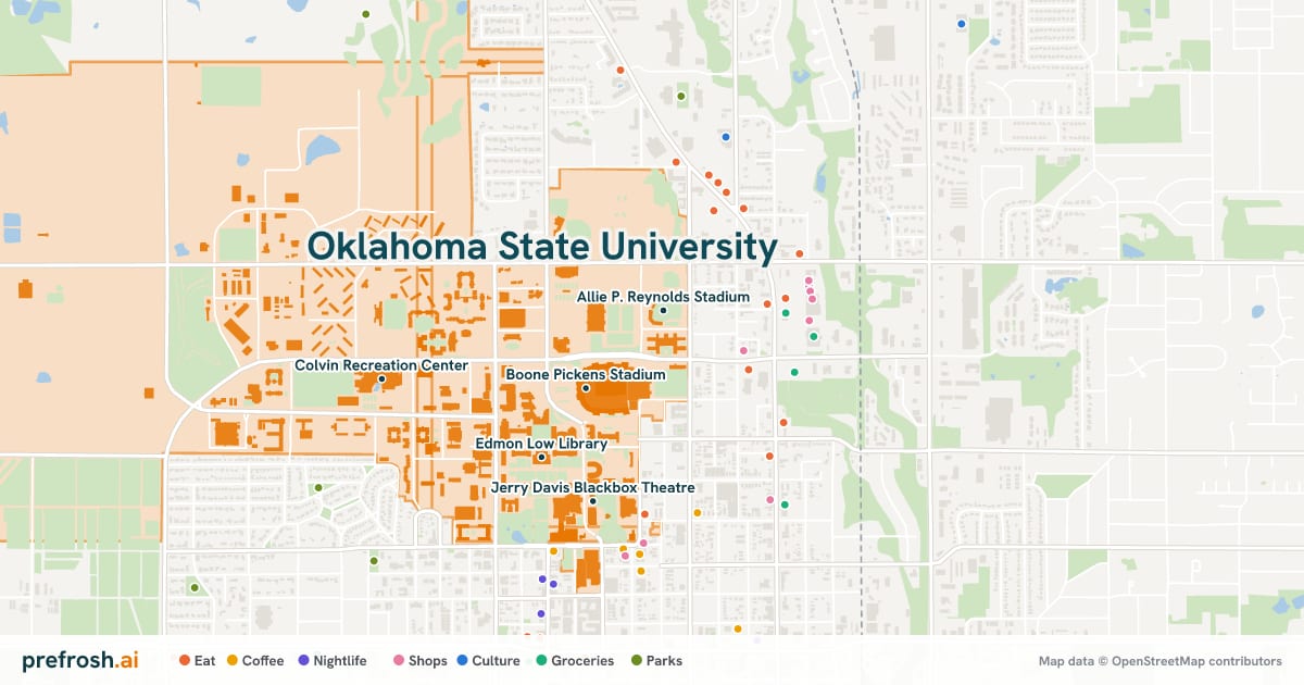 Campus map of Oklahoma State University in Stillwater, OK, showing Michael and Anne Greenwood Tennis Center, Boone Pickens Stadium, Edmon Low Library and Allie P. Reynolds Stadium, with nearby restaurants, coffee and shops