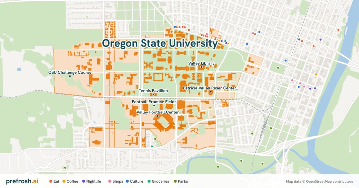 Campus map of Oregon State University in Corvallis, OR, showing Tennis Pavillion, Football Practice Fields, Valley Football Center and Dixon Recreation Center, with nearby restaurants, coffee and shops