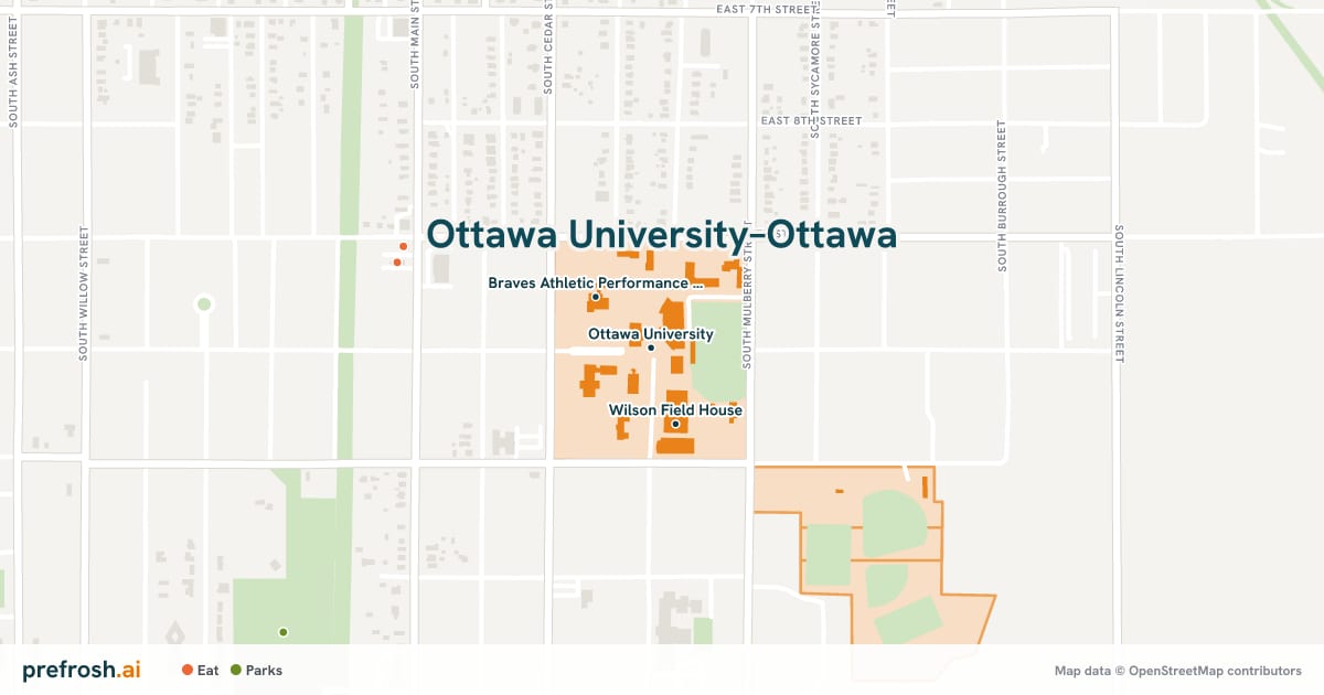 Campus map of Ottawa University–Ottawa in Ottawa, KS, showing Ottawa University, Gangwish Library and Peoples Bank Field, with nearby restaurants, coffee and shops