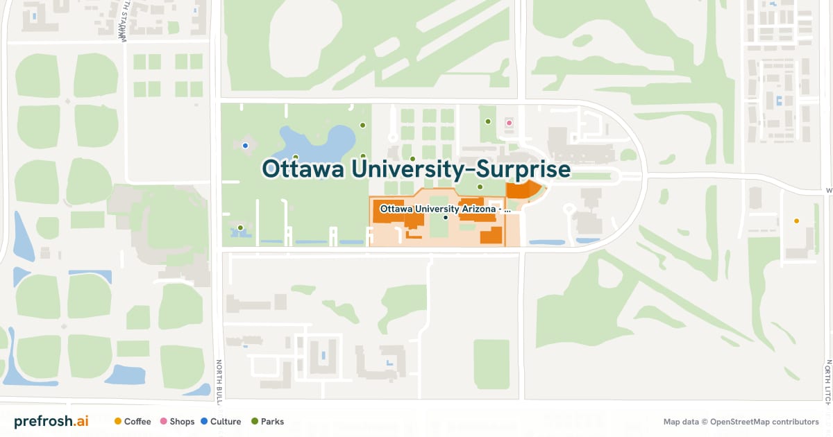 Campus map of Ottawa University–Surprise in Surprise, AZ, showing Ottawa University Arizona - OUAZ, with nearby restaurants, coffee and shops