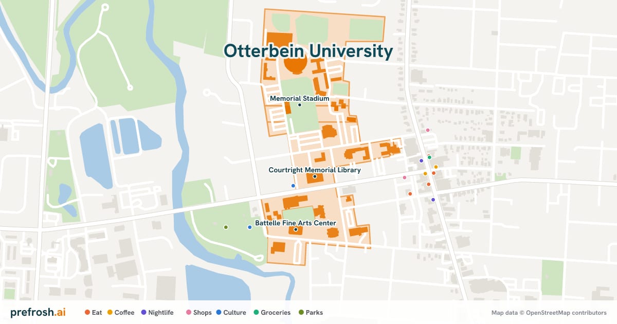 Campus map of Otterbein University in Westerville, OH, showing Courtright Memorial Library, Memorial Stadium and Battelle Fine Arts Center, with nearby restaurants, coffee and shops