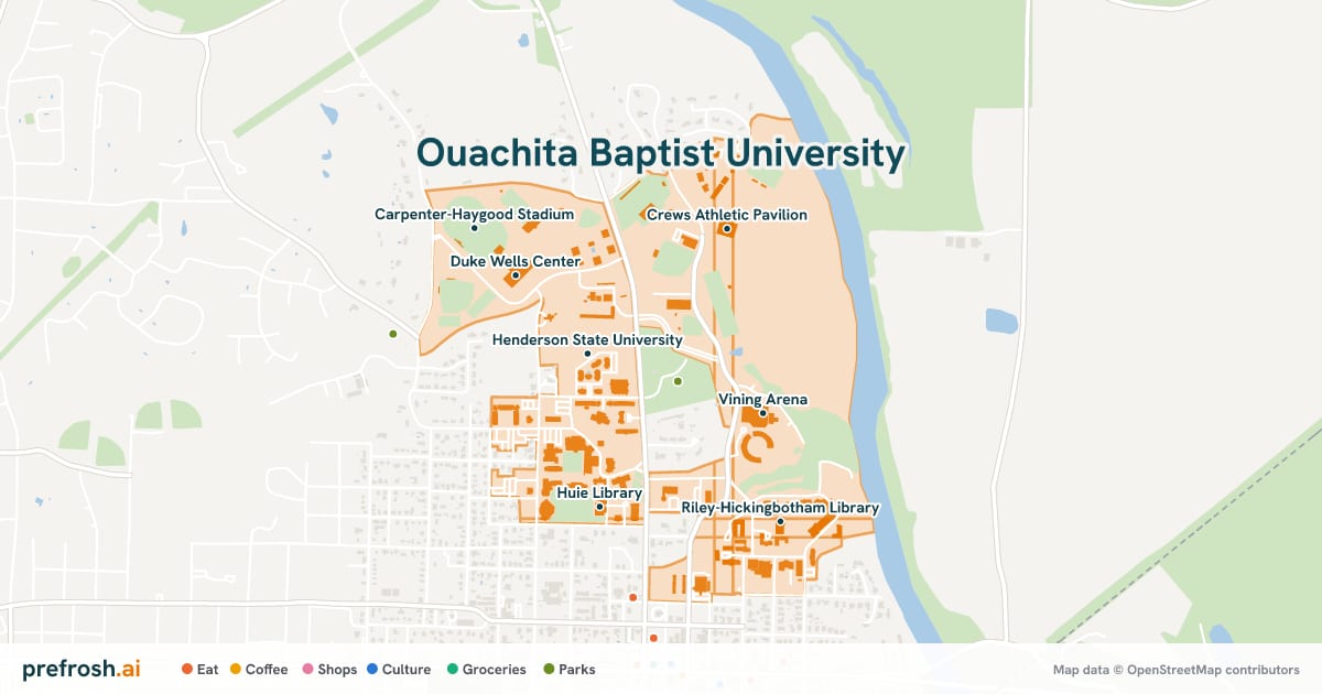 Campus map of Ouachita Baptist University in Arkadelphia, AR, showing Henderson State University, Hatcher Wrestling Complex, Vining Arena and Crews Athletic Pavilion, with nearby restaurants, coffee and shops