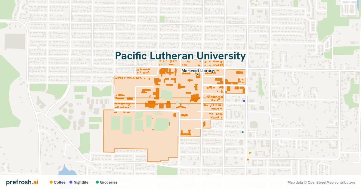 Campus map of Pacific Lutheran University in Tacoma, WA, showing Mortvedt Library, with nearby restaurants, coffee and shops