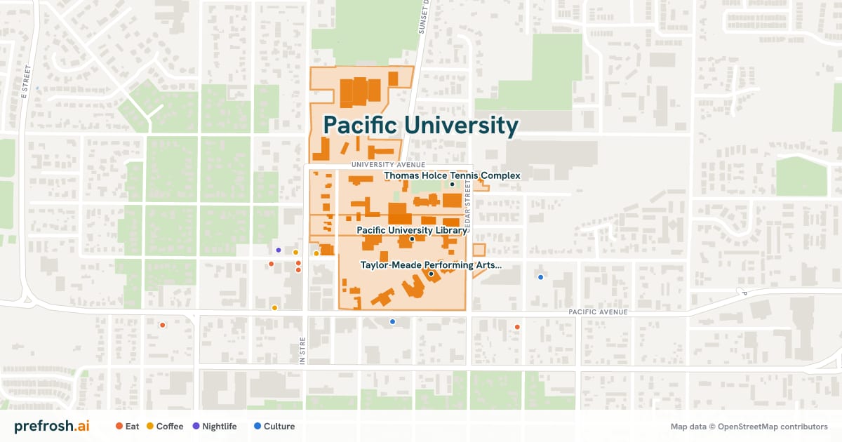 Campus map of Pacific University in Forest Grove, OR, showing Pacific University Library, Thomas Holce Tennis Complex and Taylor-Meade Performing Arts Center, with nearby restaurants, coffee and shops