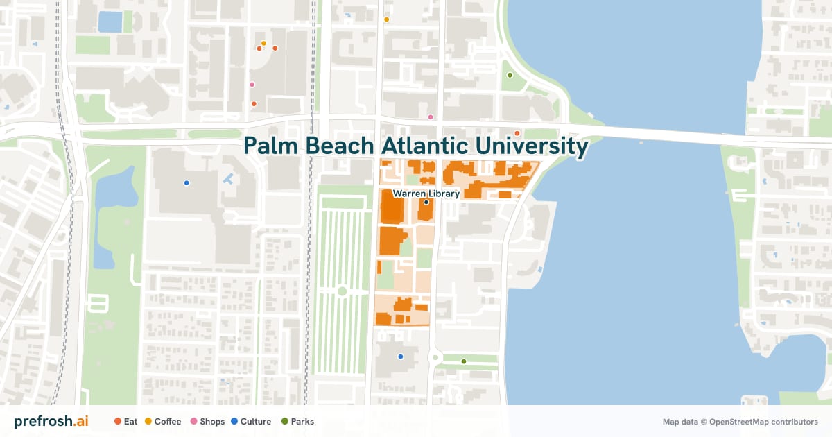 Campus map of Palm Beach Atlantic University in West Palm Beach, FL, showing Warren Library, with nearby restaurants, coffee and shops