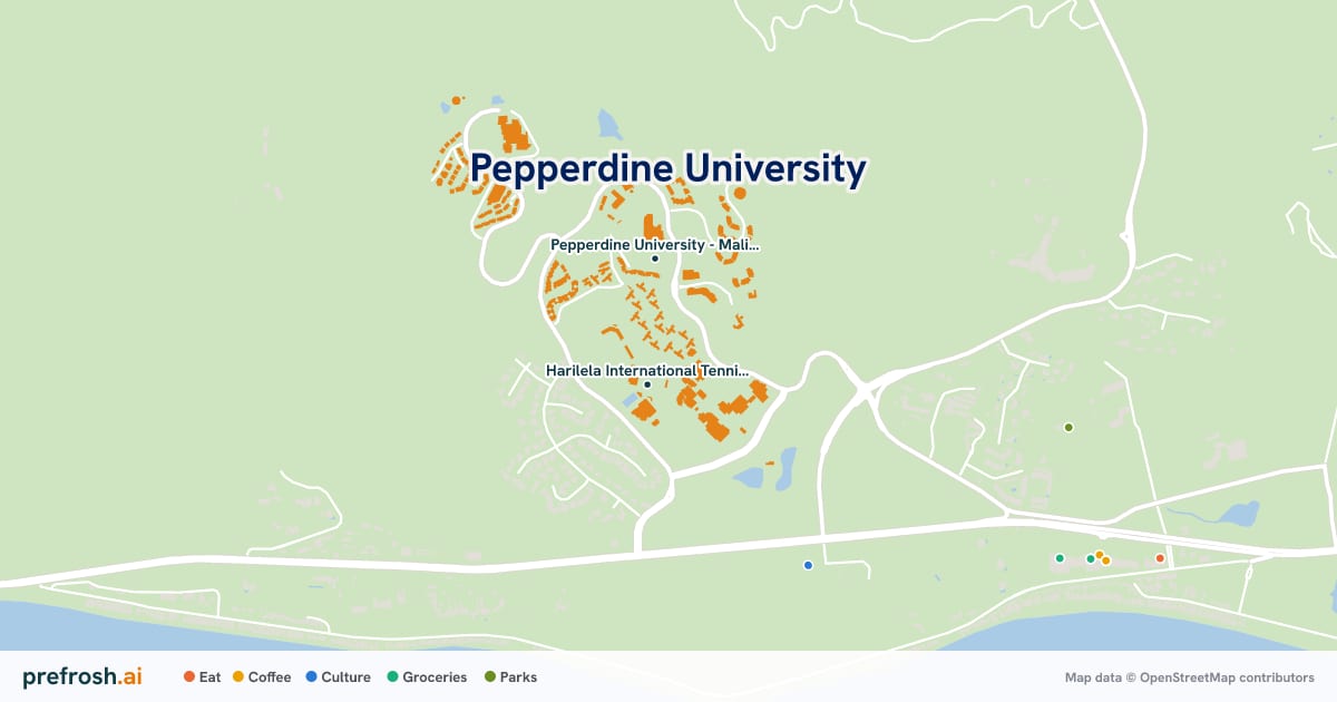 Campus map of Pepperdine University in Malibu, CA, showing Harilela International Tennis Stadium and Lisa Smith Wengler Center for the Arts, with nearby restaurants, coffee and shops