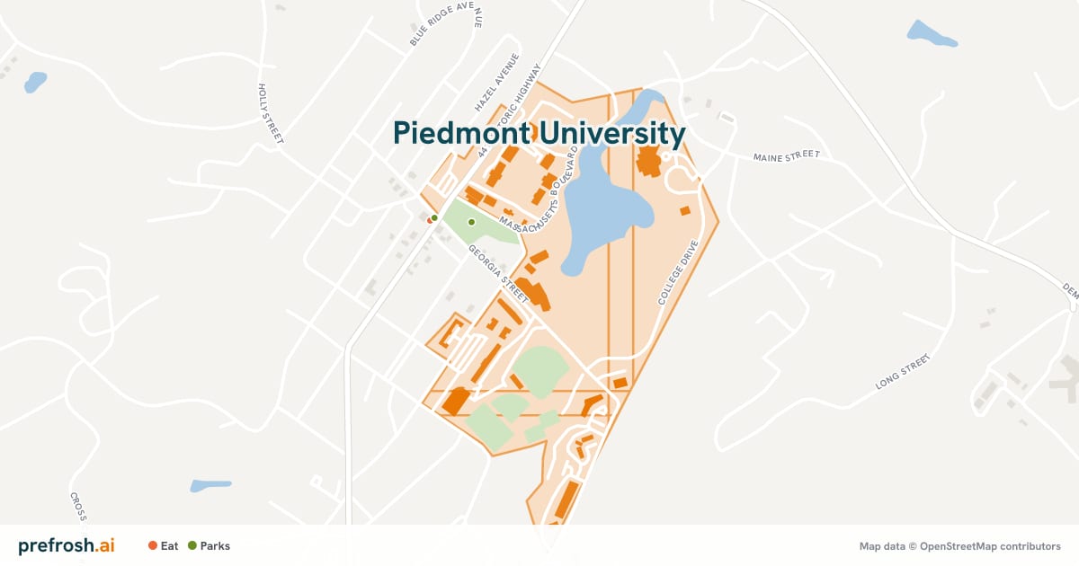 Campus map of Piedmont University in Demorest, GA, with nearby restaurants, coffee and shops