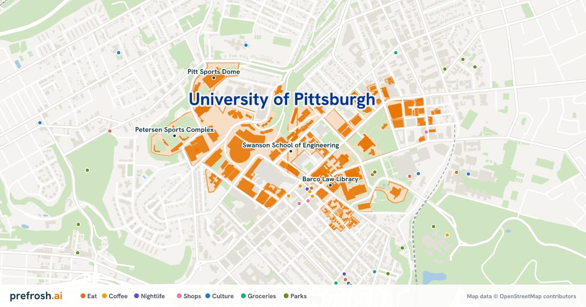Campus map of University of Pittsburgh in Pittsburgh, PA, showing Swanson School of Engineering, Salk Pavillion, Barco Law Library and Hillman Library, with nearby restaurants, coffee and shops