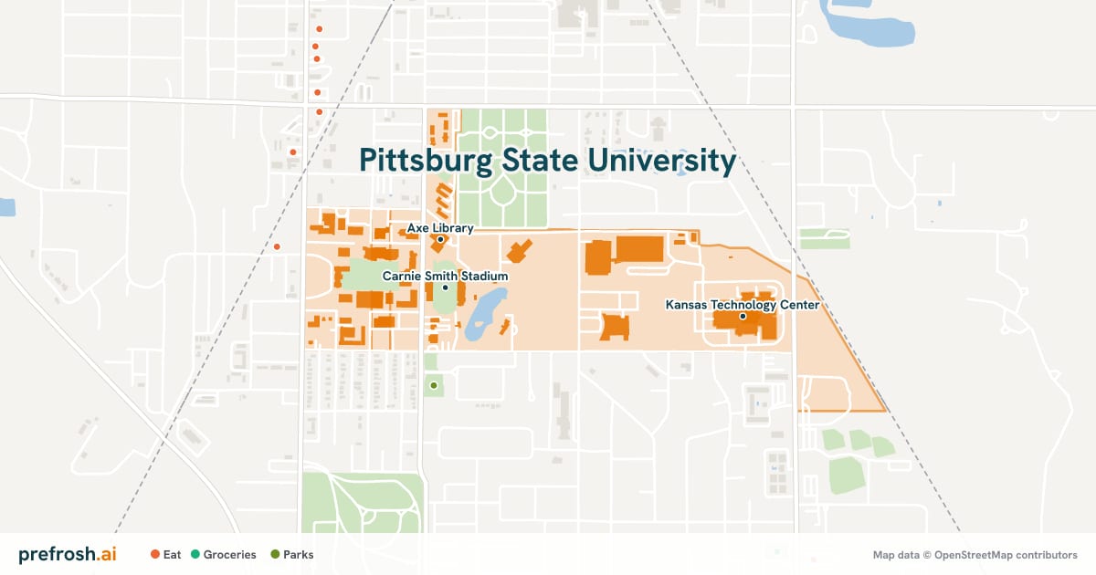 Campus map of Pittsburg State University in Pittsburg, KS, showing Carnie Smith Stadium, Axe Library and Kansas Technology Center, with nearby restaurants, coffee and shops
