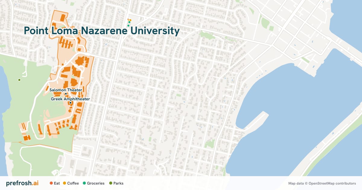Campus map of Point Loma Nazarene University in San Diego, CA, showing Salomon Theater and Greek Amphitheater, with nearby restaurants, coffee and shops