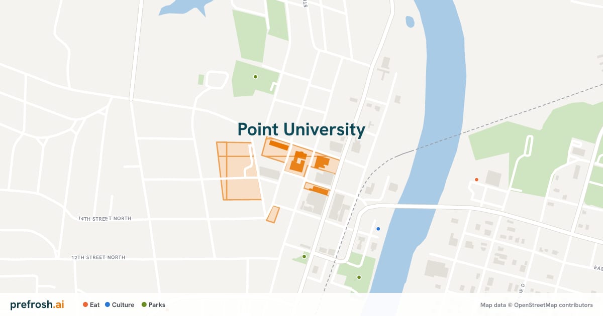 Campus map of Point University in West Point, GA, with nearby restaurants, coffee and shops