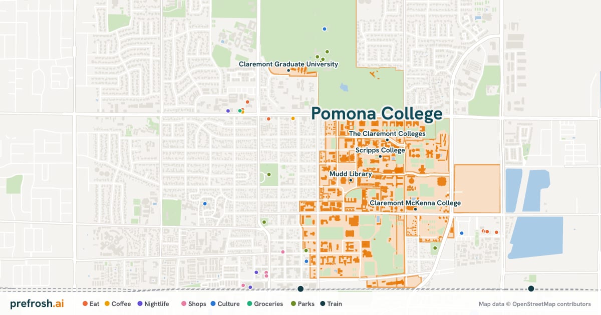 Campus map of Pomona College in Claremont, CA, showing Scripps College, Denison Library, The Claremont Colleges and Harvey Mudd College, with nearby restaurants, coffee and shops