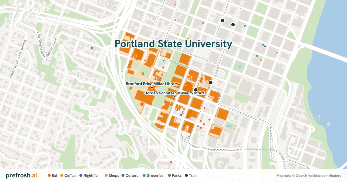 Campus map of Portland State University in Portland, OR, showing Jordan Schnitzer Museum of Art and Branford Price Millar Library, with nearby restaurants, coffee and shops