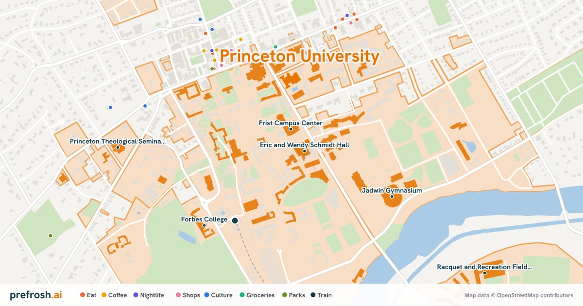 Campus map of Princeton University in Princeton, NJ, showing Eric and Wendy Schmidt Hall, Frist Campus Center, Briger Hall and Dillon Gymnasium, with nearby restaurants, coffee and shops