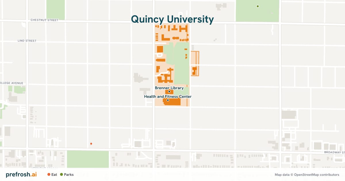 Campus map of Quincy University in Quincy, IL, showing Brenner Library and Health and Fitness Center, with nearby restaurants, coffee and shops