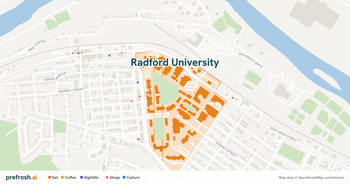 Campus map of Radford University in Radford, VA, showing McConnell Library, with nearby restaurants, coffee and shops