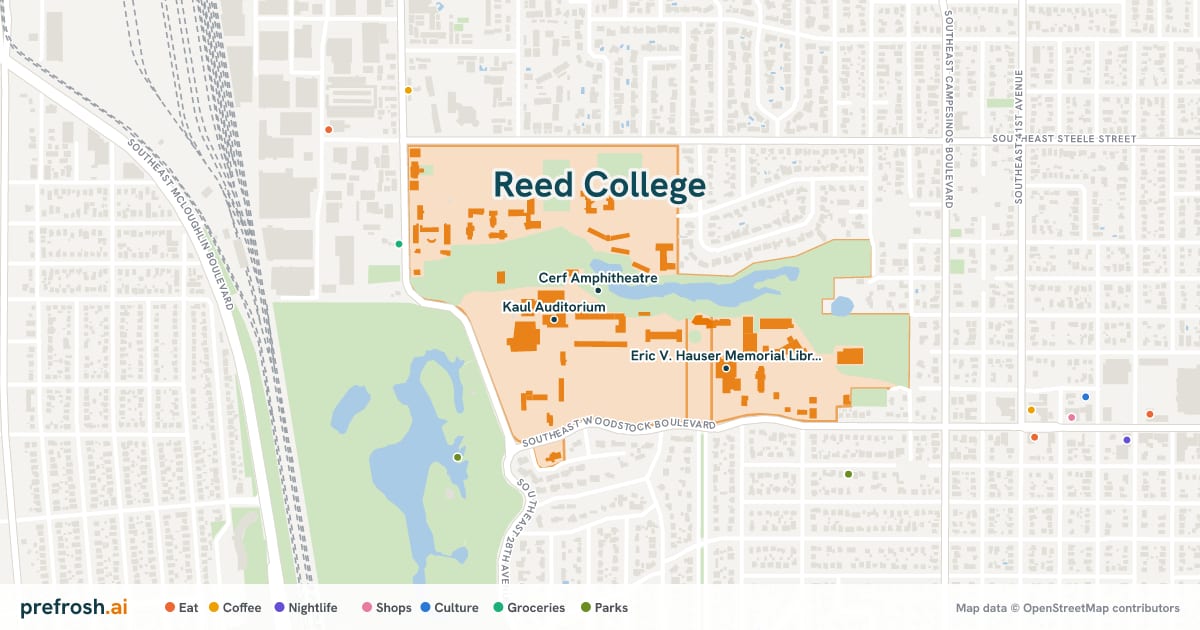 Campus map of Reed College in Portland, OR, showing Cerf Amphitheatre, Kaul Auditorium and Reed College Sports Center, with nearby restaurants, coffee and shops