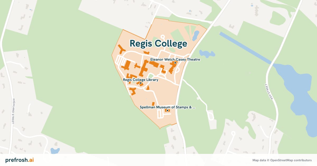 Campus map of Regis College in Weston, MA, showing Regis College Library, Eleanor Welch Casey Theatre and Spellman Museum of Stamps & Postal History, with nearby restaurants, coffee and shops