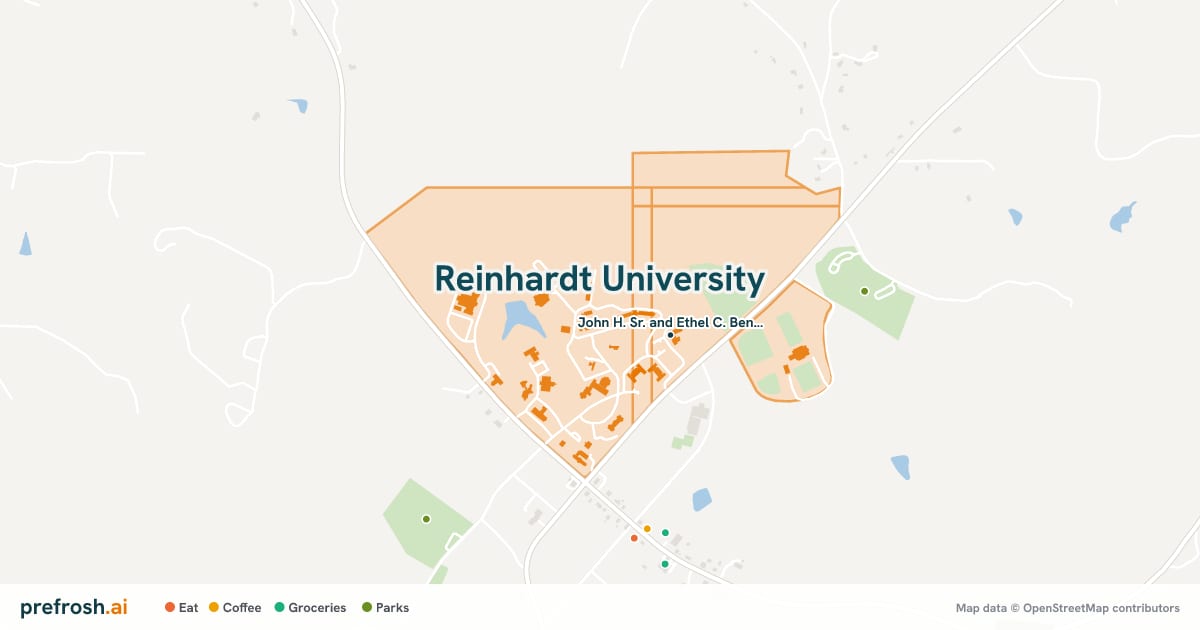 Campus map of Reinhardt University in Waleska, GA, showing Theater Building, with nearby restaurants, coffee and shops