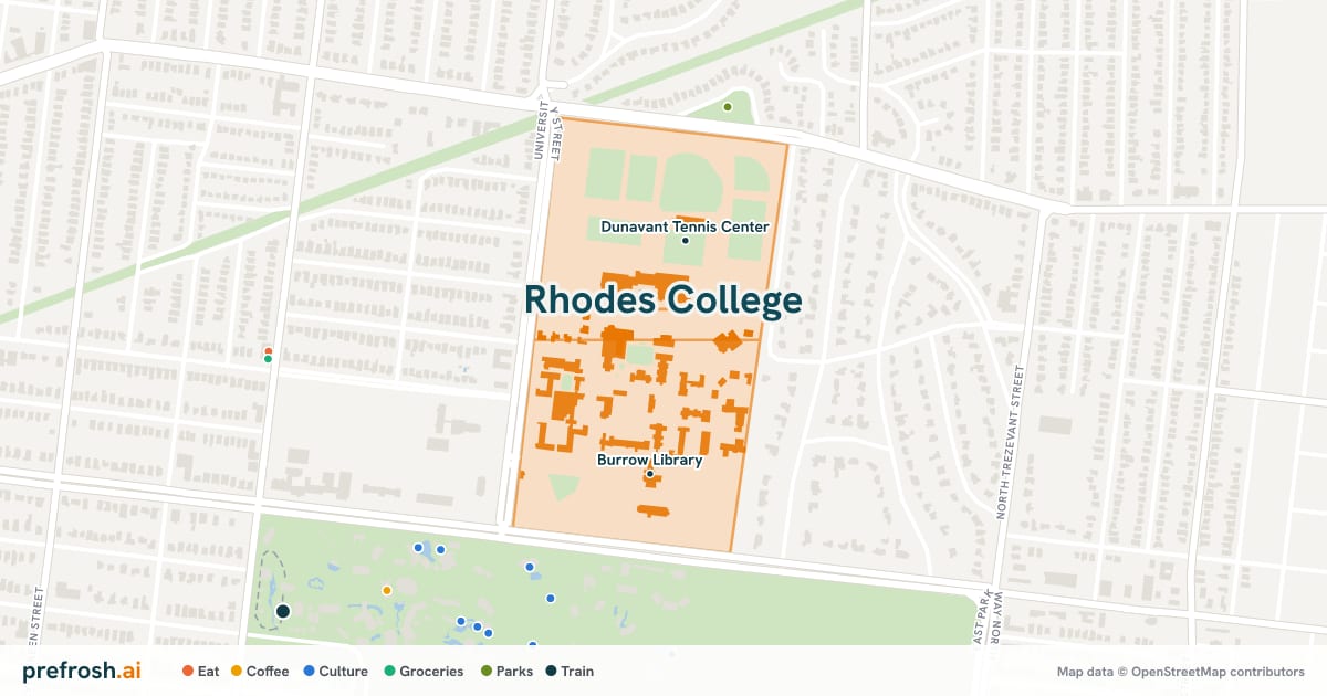 Campus map of Rhodes College in Memphis, TN, showing Paul Barrett Junior Library and McCoy Theater, with nearby restaurants, coffee and shops