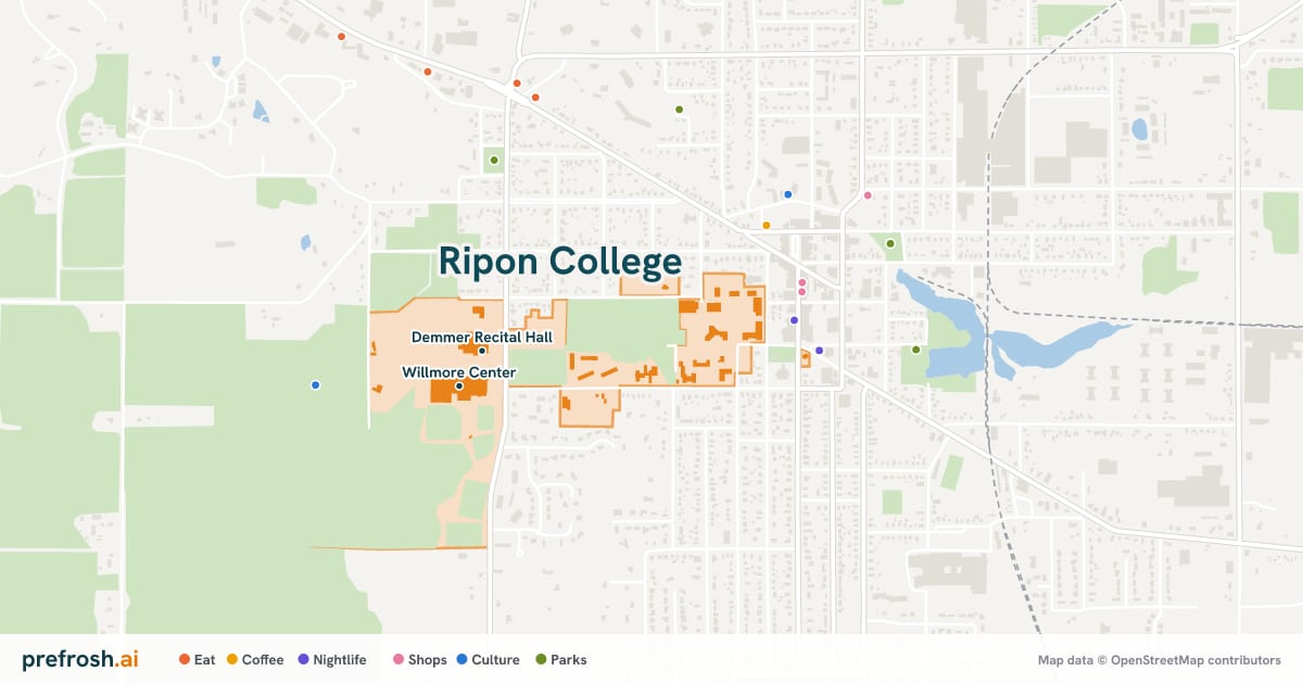 Campus map of Ripon College in Ripon, WI, showing Demmer Recital Hall and C J Rodman Center for the Arts, with nearby restaurants, coffee and shops